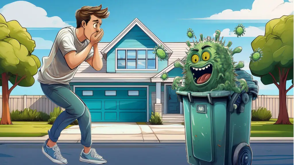 Dirty Germ Monster in garbage can, man holding his nose